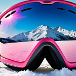 Close-up shot of OAKLEY ski goggles with Prizm lens technology, showcasing enhanced contrast and clear visibility of snow surface details. Focus on the lens reflecting a bright, sunny mountain landscape.