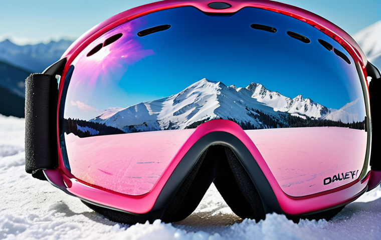 Close-up shot of OAKLEY ski goggles with Prizm lens technology, showcasing enhanced contrast and clear visibility of snow surface details. Focus on the lens reflecting a bright, sunny mountain landscape.