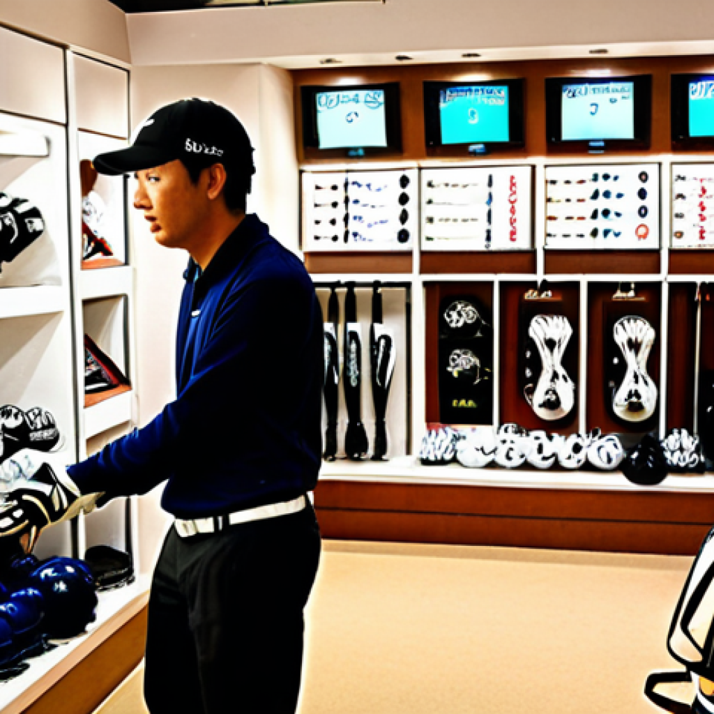 **

A beginner golfer, slightly overwhelmed but excited, standing in a well-stocked golf shop.  He's surrounded by various clubs, balls, shoes, and gloves. The shop interior is brightly lit with a modern feel.  Focus on conveying a sense of anticipation and slight confusion at the abundance of choices. Include some Katakana signage in the background for golf equipment.

**