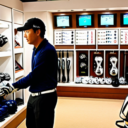 **

A beginner golfer, slightly overwhelmed but excited, standing in a well-stocked golf shop.  He's surrounded by various clubs, balls, shoes, and gloves. The shop interior is brightly lit with a modern feel.  Focus on conveying a sense of anticipation and slight confusion at the abundance of choices. Include some Katakana signage in the background for golf equipment.

**