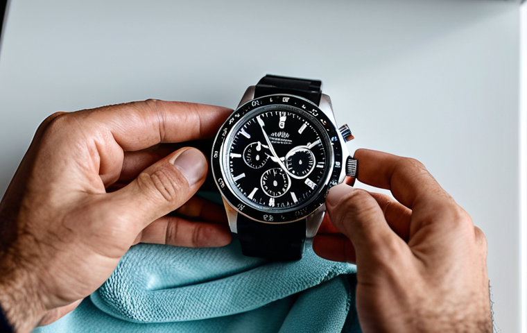 Sports Watch Maintenance**

A person carefully cleaning a sports watch with a soft cloth, fully clothed, in a well-lit, modern home setting. Focus on the detail of the watch face and band. safe for work, appropriate content, professional image, perfect anatomy, correct proportions, natural pose, well-formed hands, proper finger count, modest clothing, family-friendly.

**