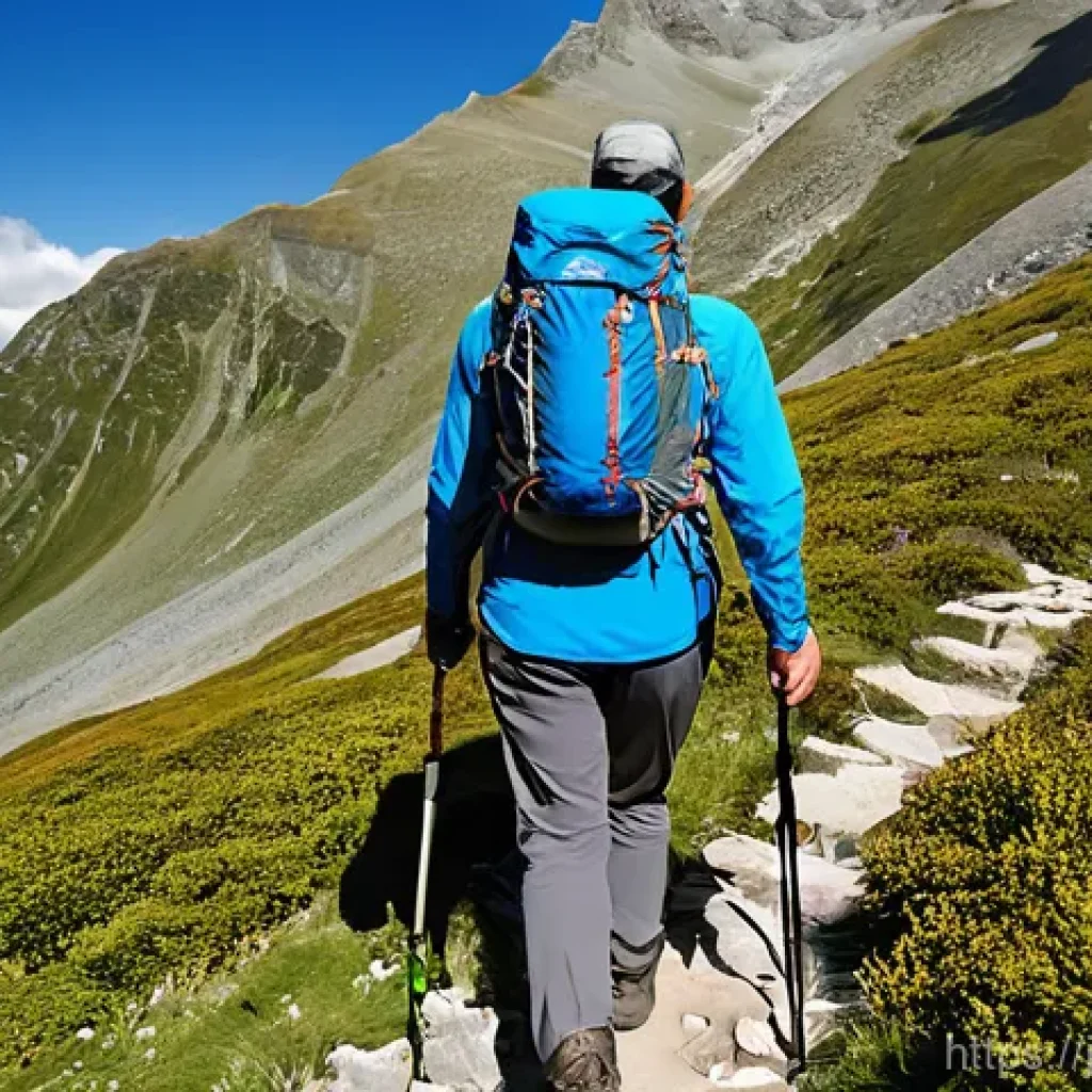 등산용 워킹스틱 비교 - **Prompt 1: Serene Mountain Descent with Supportive Trekking Poles**
    A hiker in their late 20s, ...