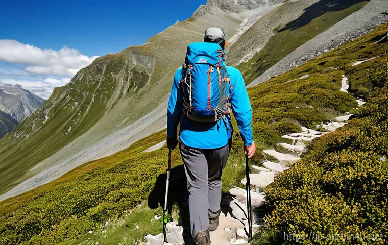 등산용 워킹스틱 비교 - **Prompt 1: Serene Mountain Descent with Supportive Trekking Poles**
    A hiker in their late 20s, ...