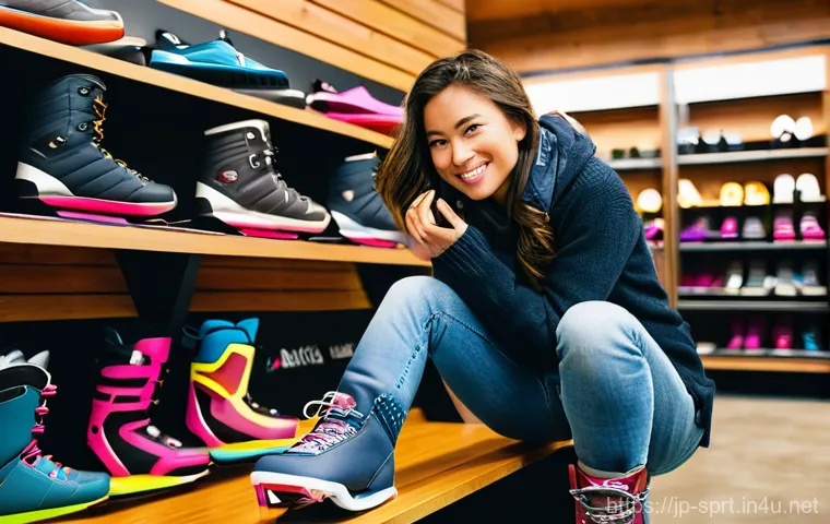 스노우보드 부츠 브랜드 추천 - **Prompt:** A vibrant, eye-level shot inside a modern snowboard shop. A young adult woman, dressed i...