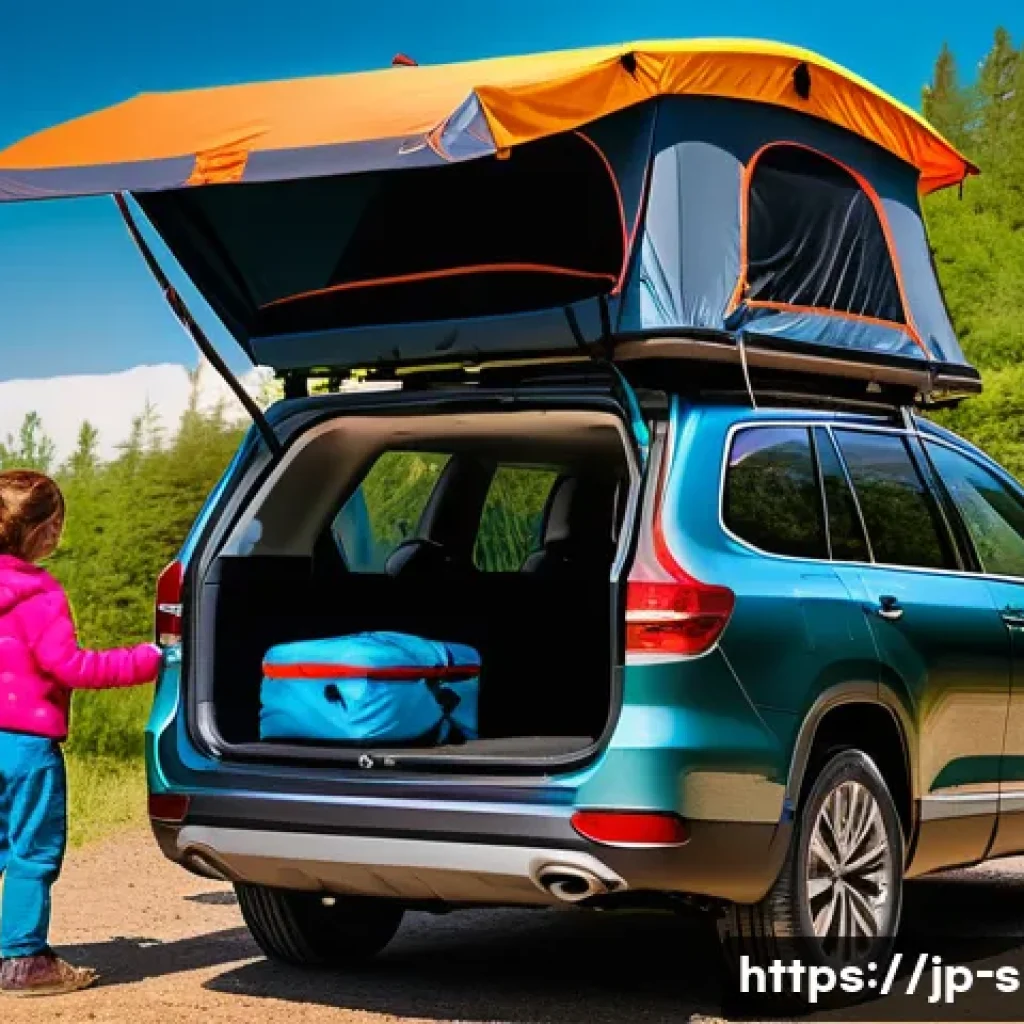 루프박스 설치 가이드 - A vibrant outdoor scene featuring a modern family SUV, equipped with a spacious, dark-colored roof b...