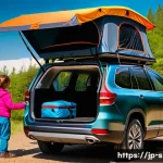 루프박스 설치 가이드 - A vibrant outdoor scene featuring a modern family SUV, equipped with a spacious, dark-colored roof b...