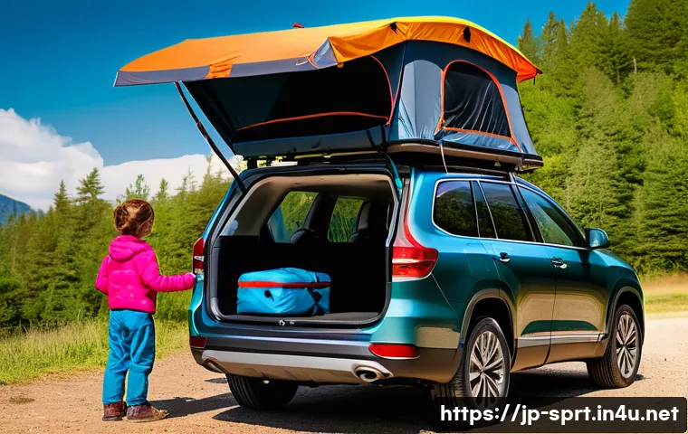 루프박스 설치 가이드 - A vibrant outdoor scene featuring a modern family SUV, equipped with a spacious, dark-colored roof b...
