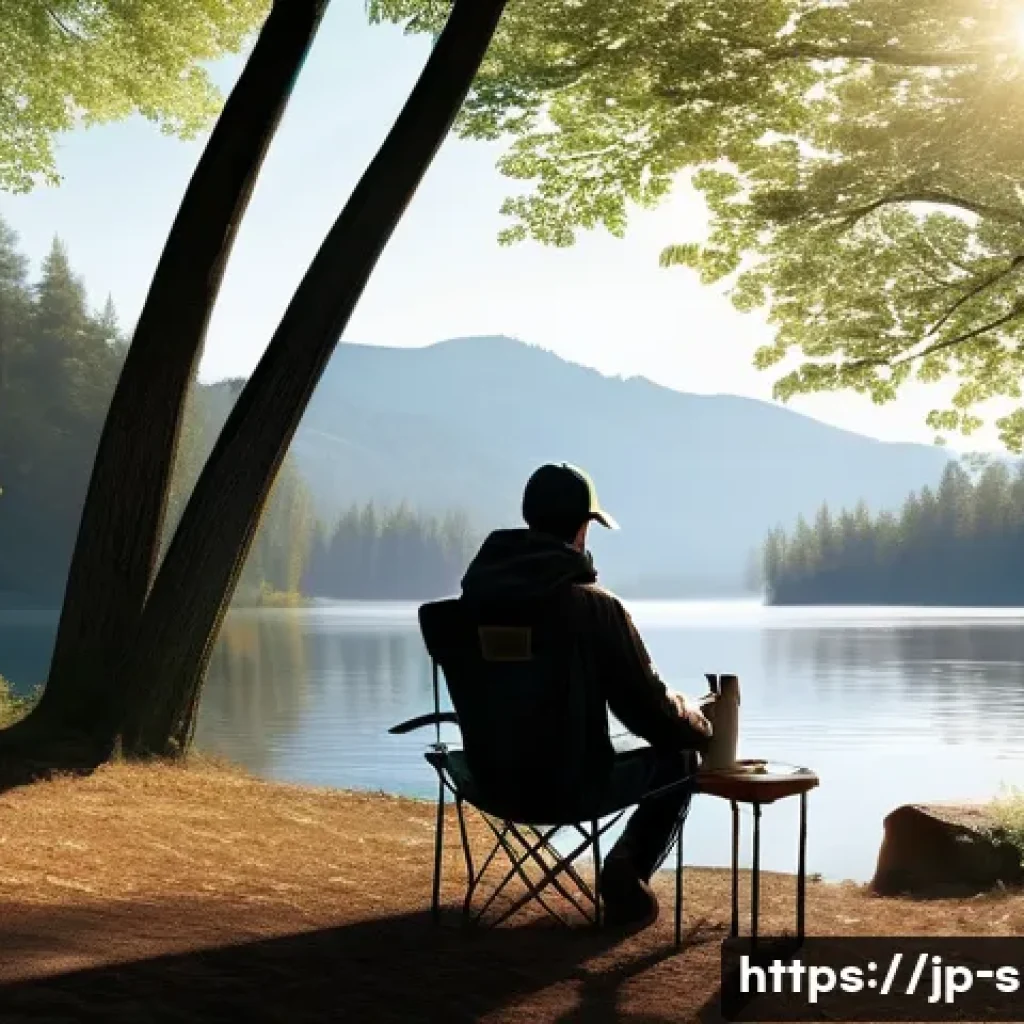 휴대용 접이식 캠핑 테이블 - **Prompt 1: Serene Solo Morning by the Lake**
    "A peaceful scene of a person enjoying a tranquil ...