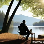 휴대용 접이식 캠핑 테이블 - **Prompt 1: Serene Solo Morning by the Lake**
    "A peaceful scene of a person enjoying a tranquil ...