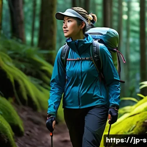 등산용 헤드램프 밝기 비교 - **A highly detailed, realistic image of a female hiker in her late 20s, wearing modern, lightweight ...