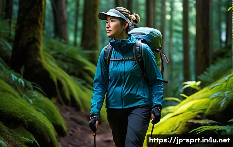 등산용 헤드램프 밝기 비교 - **A highly detailed, realistic image of a female hiker in her late 20s, wearing modern, lightweight ...