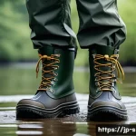 낚시용 장화 내구성 비교 - A detailed close-up image of high-quality rubber fishing boots designed for muddy riverbanks, showca...