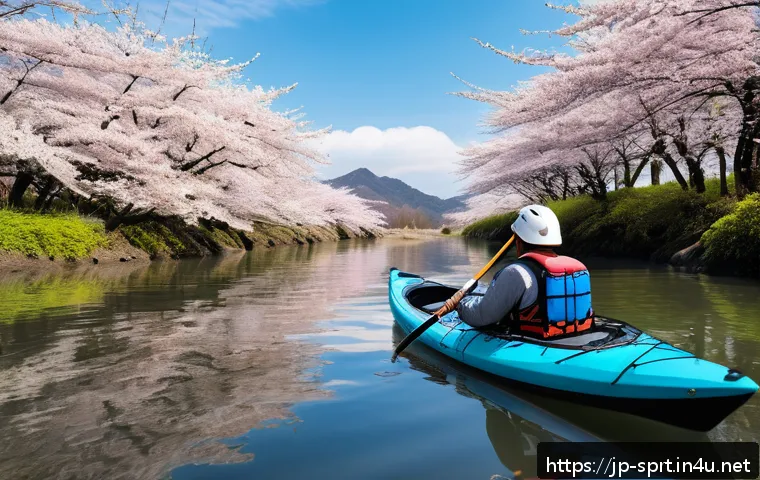 카약 종류와 추천 모델 - A detailed scene of a sit-in kayak on a gentle river in early spring, showing a Japanese adult weari...