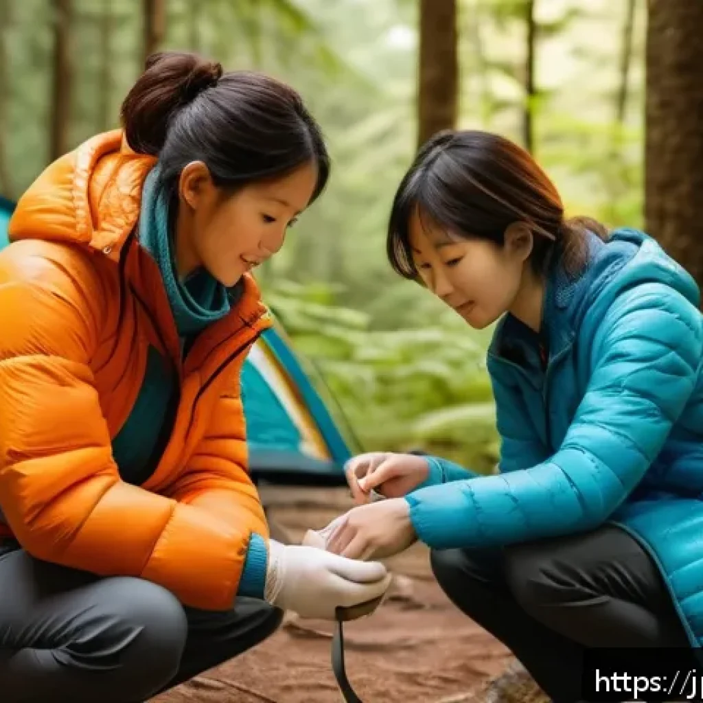 캠핑용 비상약 상비리스트 - A detailed outdoor camping scene showing a family applying first aid to a small cut on a child&rsquo;s arm...