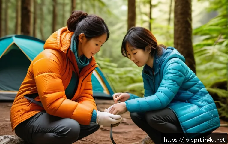 캠핑용 비상약 상비리스트 - A detailed outdoor camping scene showing a family applying first aid to a small cut on a child&rsquo;s arm...