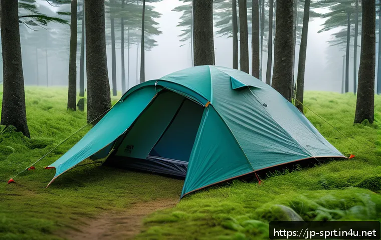 아웃도어 텐트 방수 테스트 - A detailed outdoor camping scene showing a modern waterproof tent made from high-performance materia...