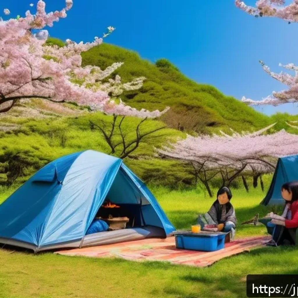 캠핑과 차박의 차이 - A serene Japanese campsite scene in spring with a modern lightweight tent and a large tarp set up ne...