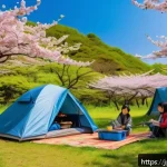 캠핑과 차박의 차이 - A serene Japanese campsite scene in spring with a modern lightweight tent and a large tarp set up ne...