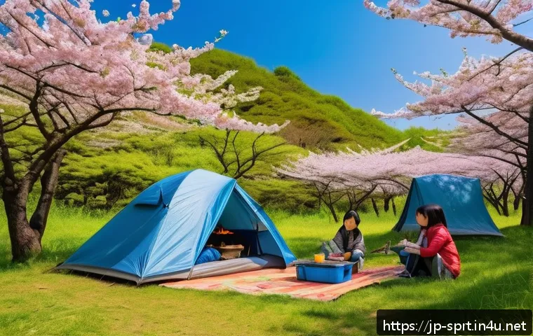 캠핑과 차박의 차이 - A serene Japanese campsite scene in spring with a modern lightweight tent and a large tarp set up ne...