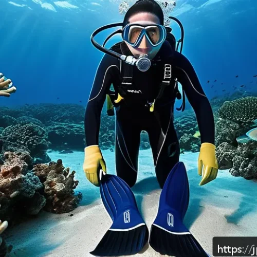 가성비 좋은 다이빙용 핀 - A detailed underwater scene showing a beginner scuba diver wearing soft rubber diving fins, featurin...