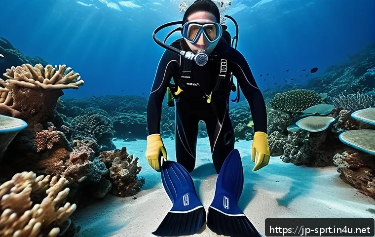 가성비 좋은 다이빙용 핀 - A detailed underwater scene showing a beginner scuba diver wearing soft rubber diving fins, featurin...