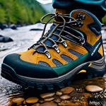 등산화 방수성과 통기성 비교 - A detailed close-up image of a high-quality hiking boot designed for rainy mountain conditions, feat...