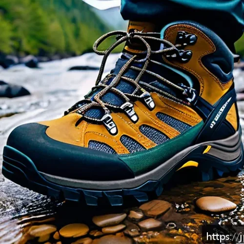 등산화 방수성과 통기성 비교 - A detailed close-up image of a high-quality hiking boot designed for rainy mountain conditions, feat...