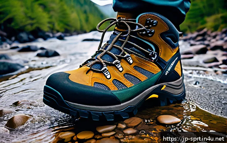 등산화 방수성과 통기성 비교 - A detailed close-up image of a high-quality hiking boot designed for rainy mountain conditions, feat...