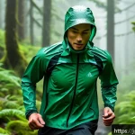 트레일러닝 의류 방수 테스트 - A dynamic trail runner wearing a lightweight waterproof Gore-Tex jacket with a hood, running energet...