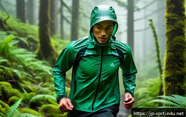 트레일러닝 의류 방수 테스트 - A dynamic trail runner wearing a lightweight waterproof Gore-Tex jacket with a hood, running energet...