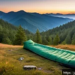 비박 야외 취침  필수 장비 - A detailed outdoor bivouac scene at dusk featuring a lightweight mummy-style down sleeping bag laid ...