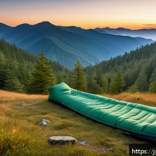 비박 야외 취침  필수 장비 - A detailed outdoor bivouac scene at dusk featuring a lightweight mummy-style down sleeping bag laid ...
