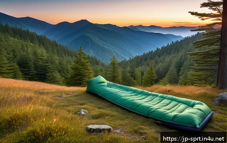 비박 야외 취침  필수 장비 - A detailed outdoor bivouac scene at dusk featuring a lightweight mummy-style down sleeping bag laid ...
