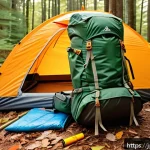 백패킹 장비 필수 체크리스트 - A detailed scene of a lightweight backpacking setup for a Japanese hiker in a mountainous forest dur...