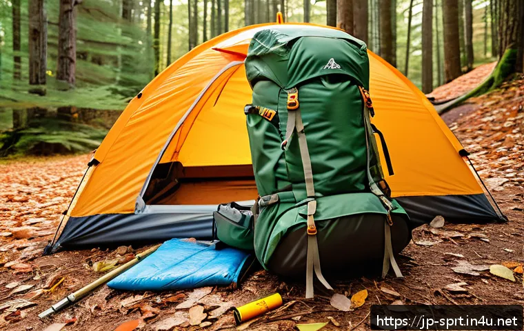 백패킹 장비 필수 체크리스트 - A detailed scene of a lightweight backpacking setup for a Japanese hiker in a mountainous forest dur...