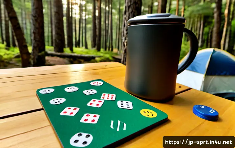 보드게임 캠핑용 인기 아이템 - Photorealistic campsite tabletop scene at golden hour, a compact travel board game with colorful woo...