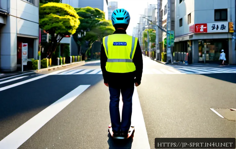 전동 킥보드 안전모 추천 - Photorealistic urban safety scene, a Japanese adult commuter wearing a properly fitted matte bicycle...