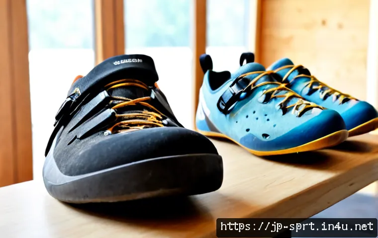 암벽등반화 선택 가이드 - Photorealistic close-up of two pairs of unbranded rock climbing shoes on a clean wooden bench at an ...