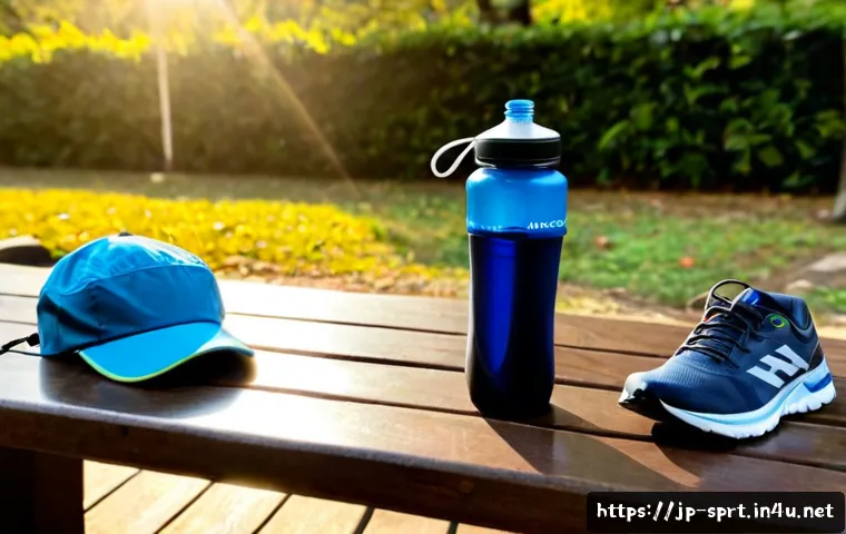 야외 러닝 필수 액세서리 - Photorealistic outdoor running essentials arranged neatly on a wooden park bench at sunrise: lightwe...