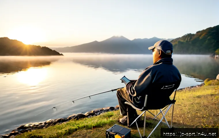 낚시 의자 경량 제품 추천 - Photorealistic lightweight folding fishing chair beside a calm Japanese lakeshore at sunrise, compac...