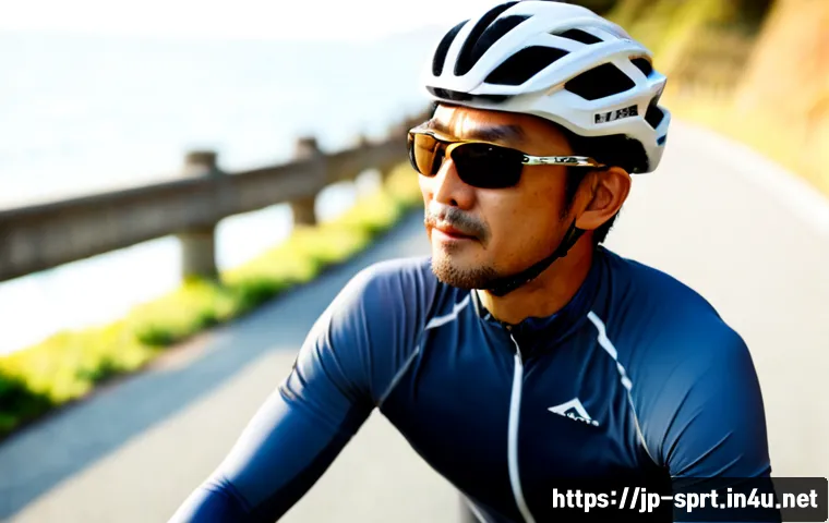 다목적 스포츠 선글라스 추천 - Photorealistic outdoor action portrait of a Japanese middle-aged cyclist wearing sleek wraparound mu...