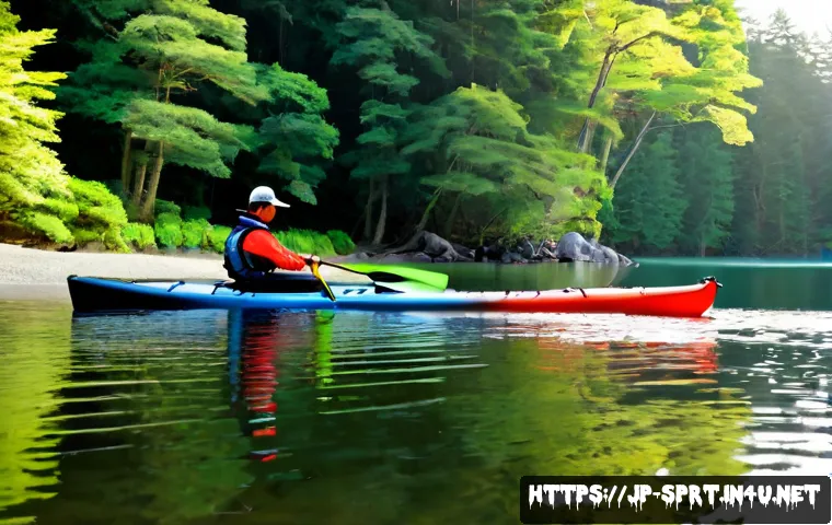 초보자를 위한 카약 패들 길이 - Photorealistic lakeside scene showing a beginner adult kayaker standing beside a bright recreational...